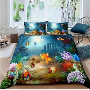 Cartoon Kids Bedding Set Ocean and Sea Fish Pattern for Boys Girls Sea Fish Full